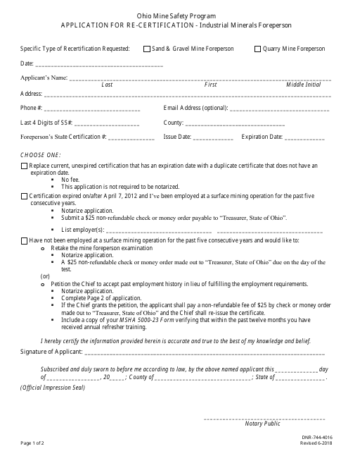 Form DNR-744-4016 Application for Re-certification - Industrial Minerals Foreperson - Ohio Mine Safety Program - Ohio