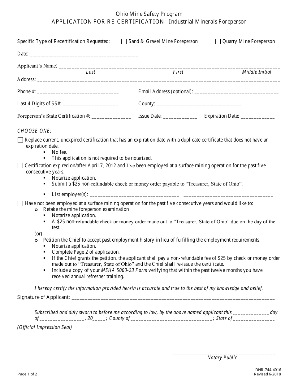 Form DNR-744-4016 Application for Re-certification - Industrial Minerals Foreperson - Ohio Mine Safety Program - Ohio, Page 1