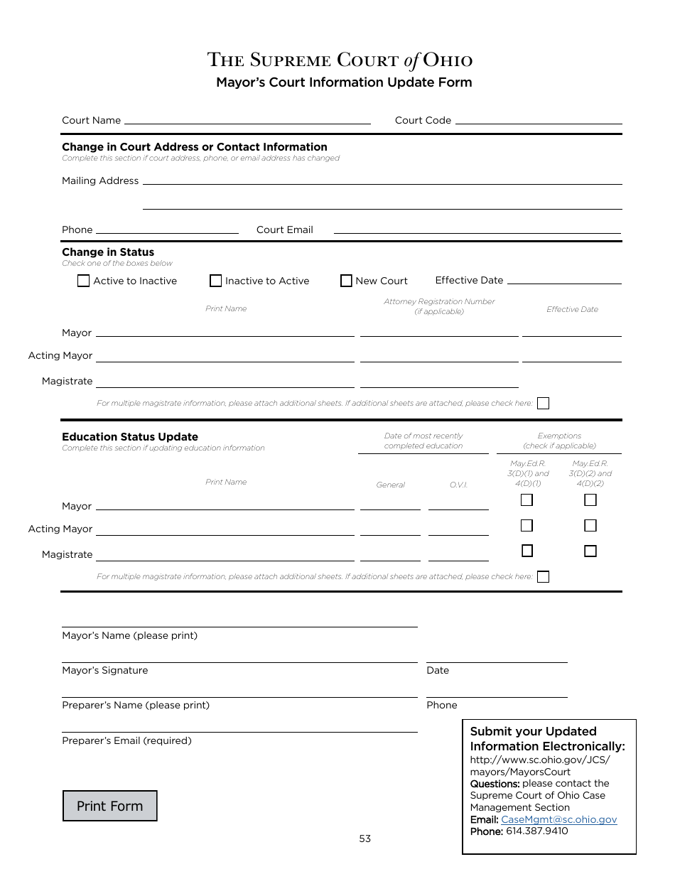 Mayors Court Information Update Form - Ohio, Page 1