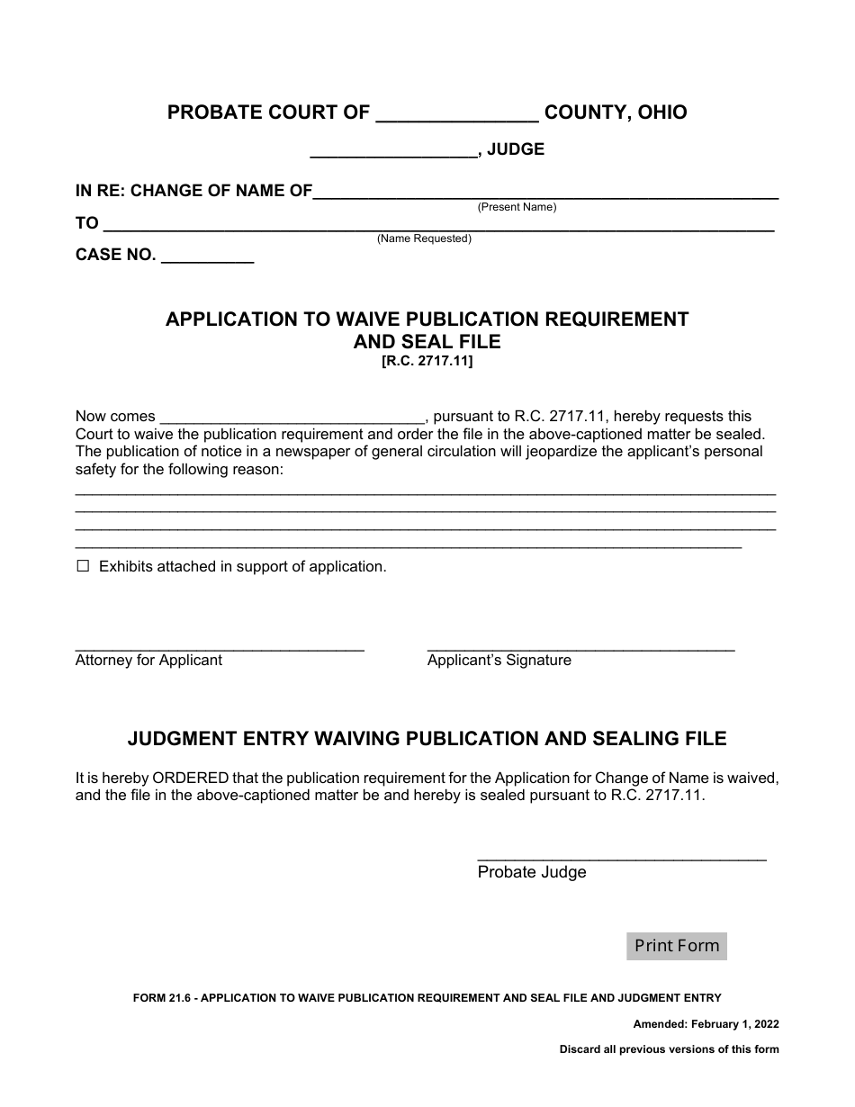 Form 21.6 Application to Waive Publication Requirement and Seal File - Ohio, Page 1
