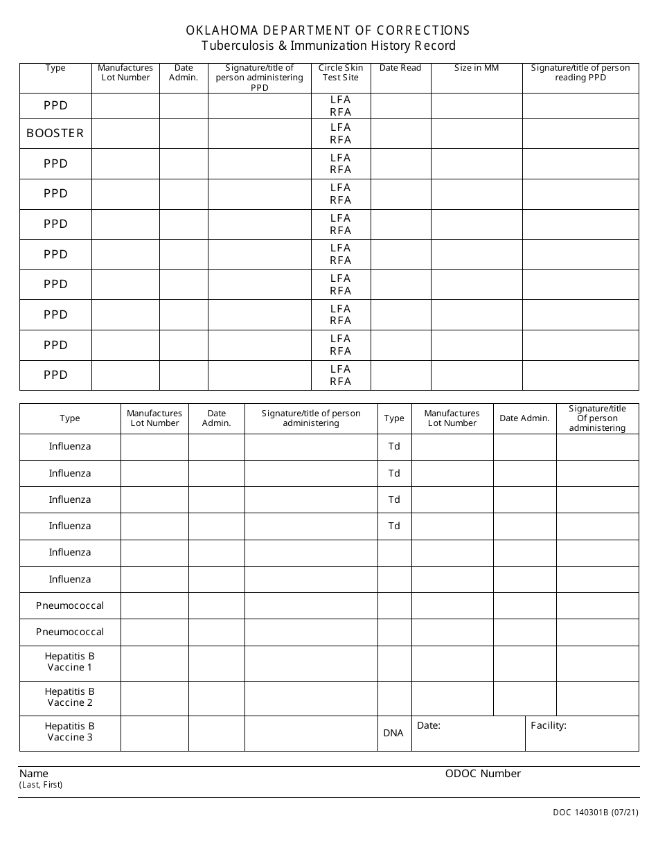 Form OP-140301B Tuberculosis  Immunization History Record - Oklahoma, Page 1