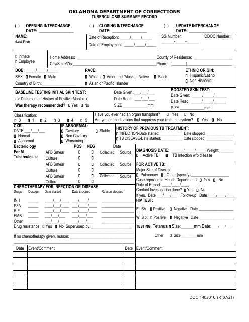 Form OP-140301C Tuberculosis Summary Record - Oklahoma