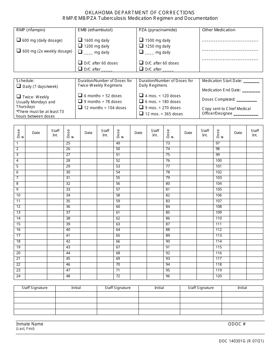 Form OP-140301G RMP / Emb / Pza Tuberculosis Medication Regimen and Documentation - Oklahoma, Page 1