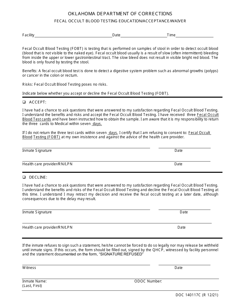 Form OP-140117C Fecal Occult Blood Testing Education / Acceptance / Waiver - Oklahoma, Page 1