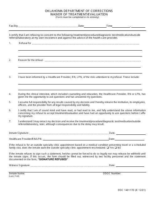 Form OP-140117D Waiver of Treatment/Evaluation - Oklahoma