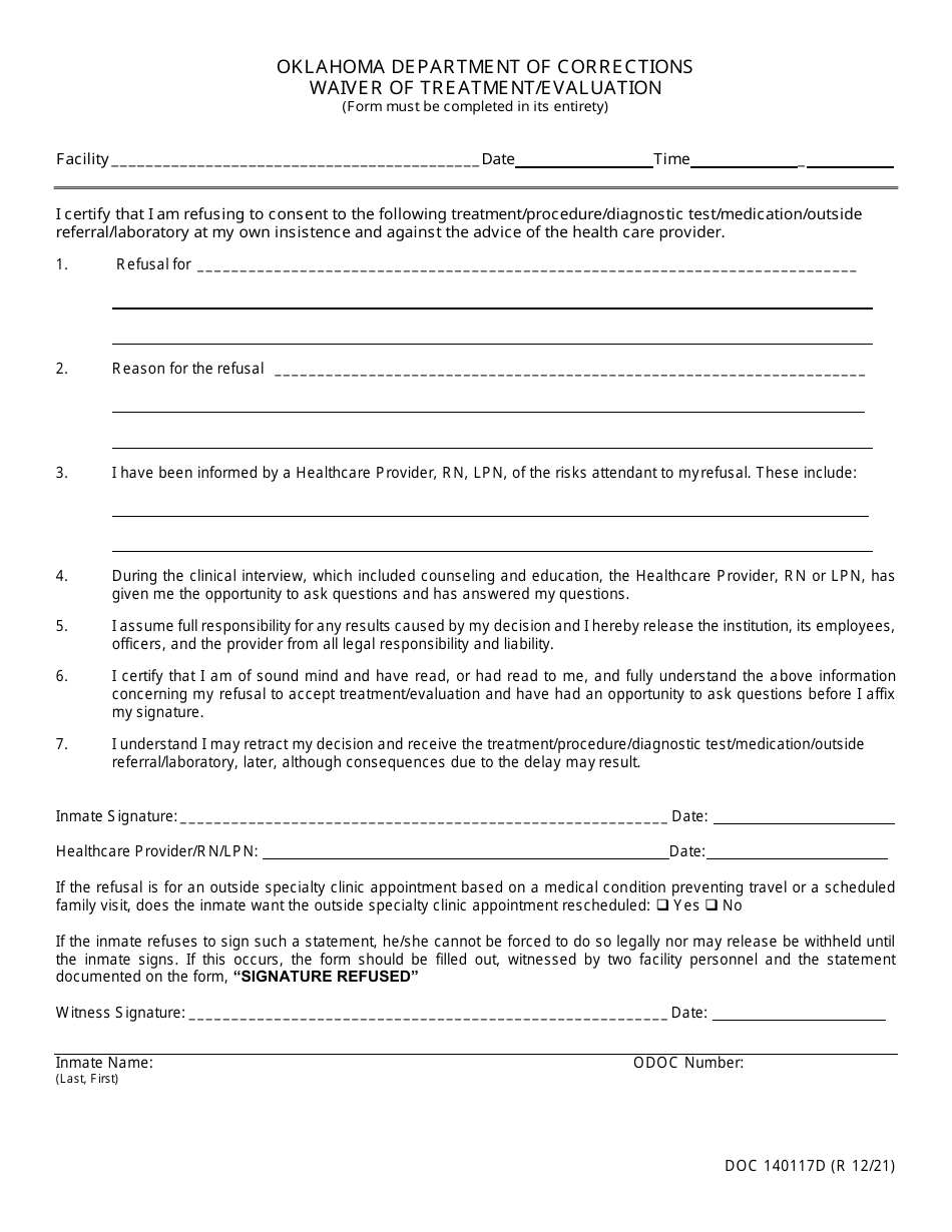 Form OP-140117D Waiver of Treatment / Evaluation - Oklahoma, Page 1