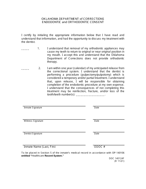 Form OP-140124F Endodontic and Orthodontic Consent - Oklahoma