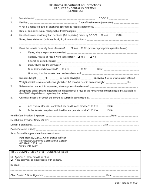 Form OP-140124G Request for Dental Exception (Dentures) - Oklahoma