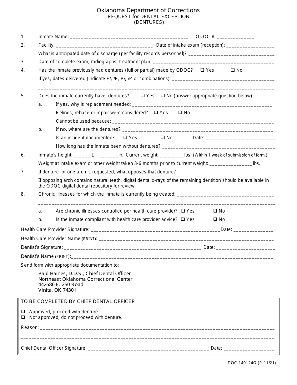Form OP-140124G Request for Dental Exception (Dentures) - Oklahoma, Page 1