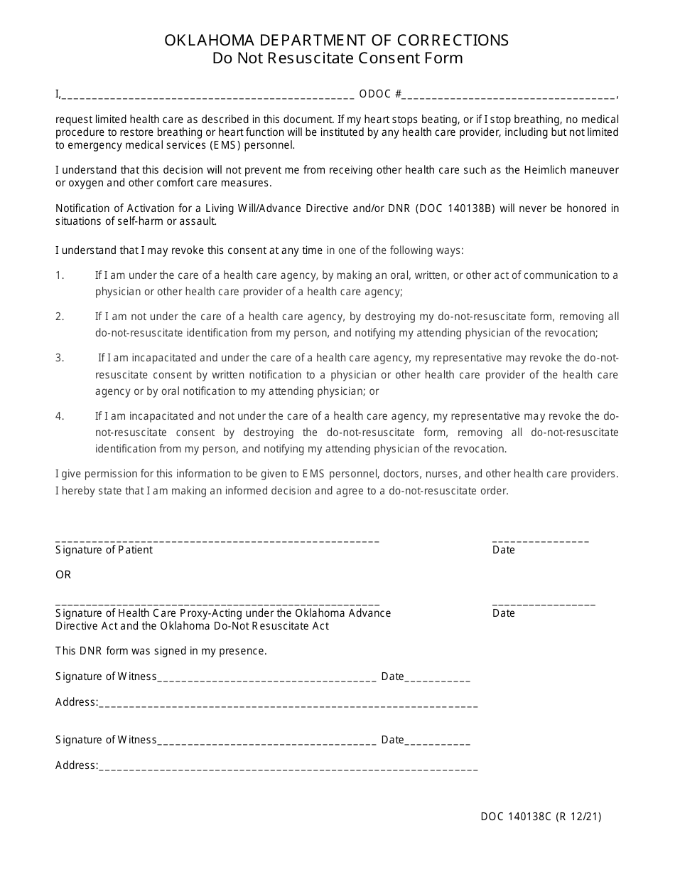 Form OP-140138C Do Not Resuscitate Consent Form - Oklahoma, Page 1