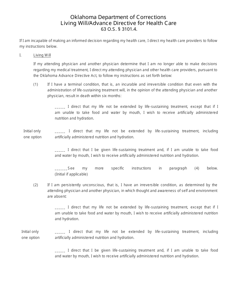 Form OP-140138A Living Will / Advance Directive for Health Care - Oklahoma, Page 1