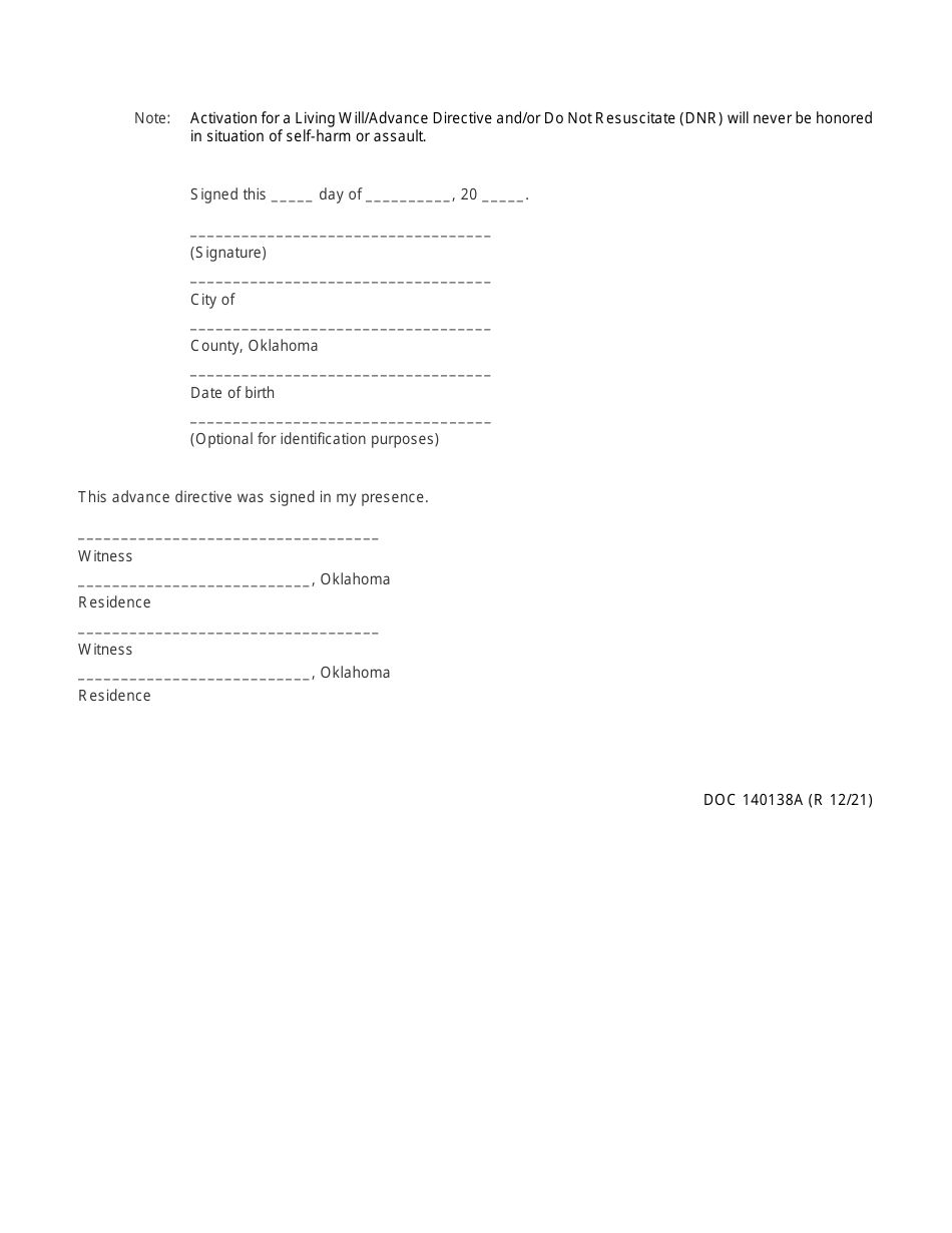 Form OP-140138A Living Will / Advance Directive for Health Care - Oklahoma, Page 4