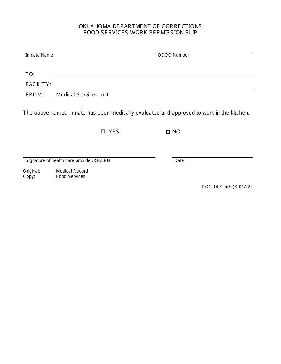 Form OP-140106E Food Services Work Permission Slip - Oklahoma, Page 1