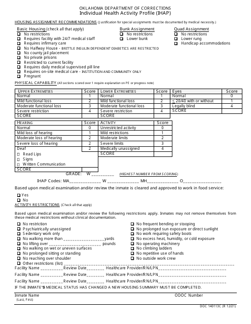 Form OP-140113C Individual Health Activity Profile (Ihap) - Oklahoma