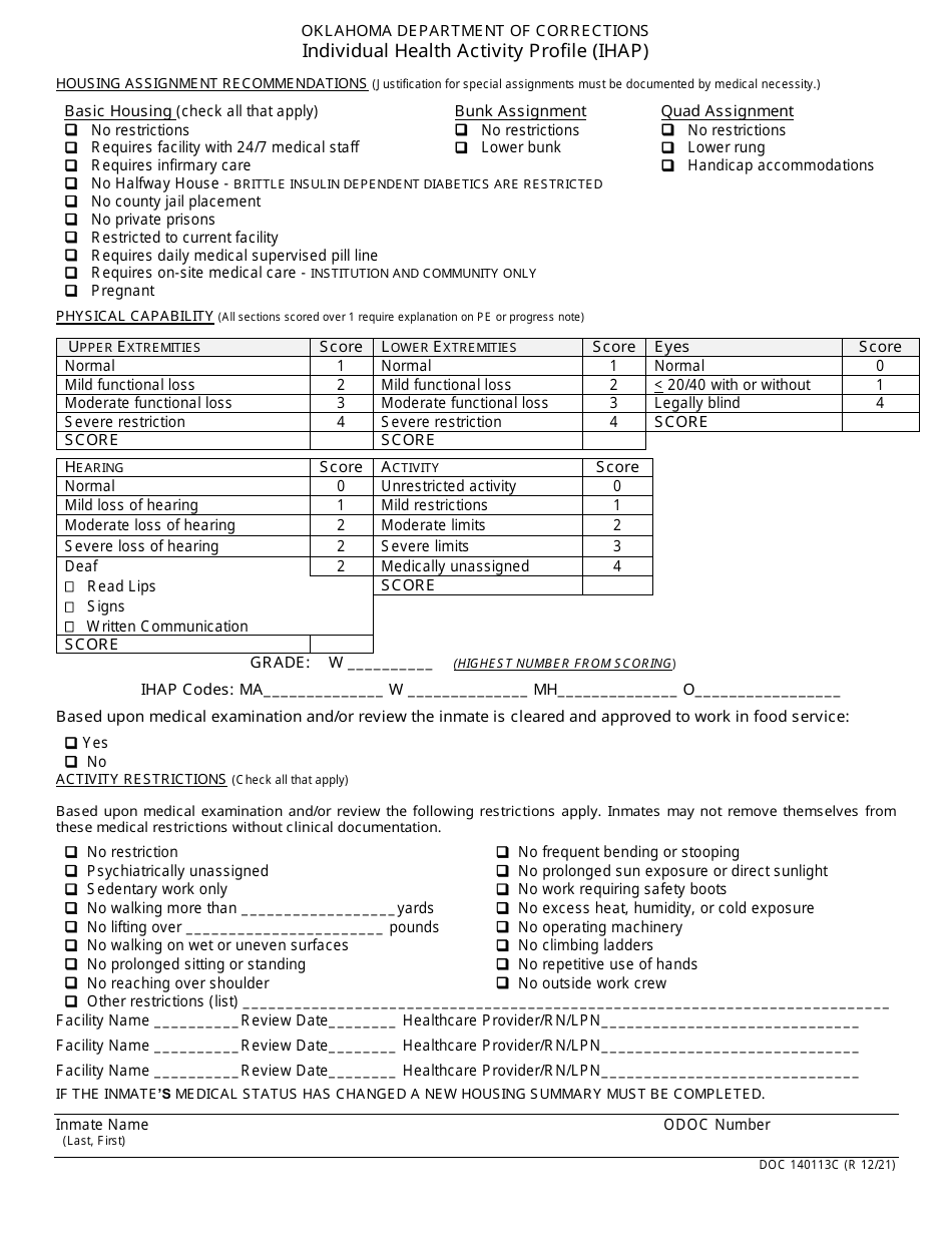 Form OP-140113C Individual Health Activity Profile (Ihap) - Oklahoma, Page 1