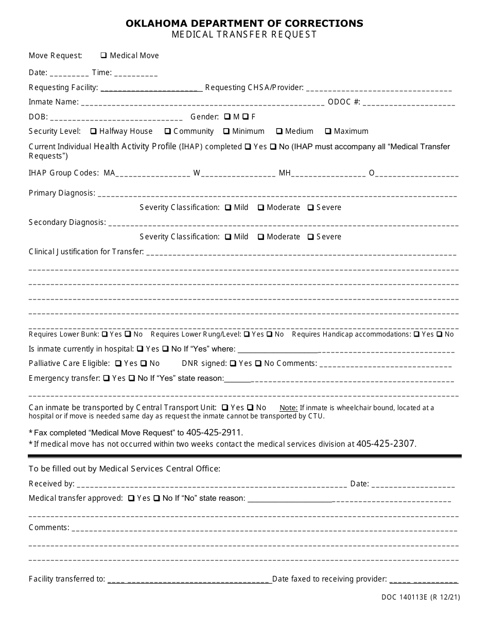 Form OP-140113E Medical Transfer Request - Oklahoma, Page 1