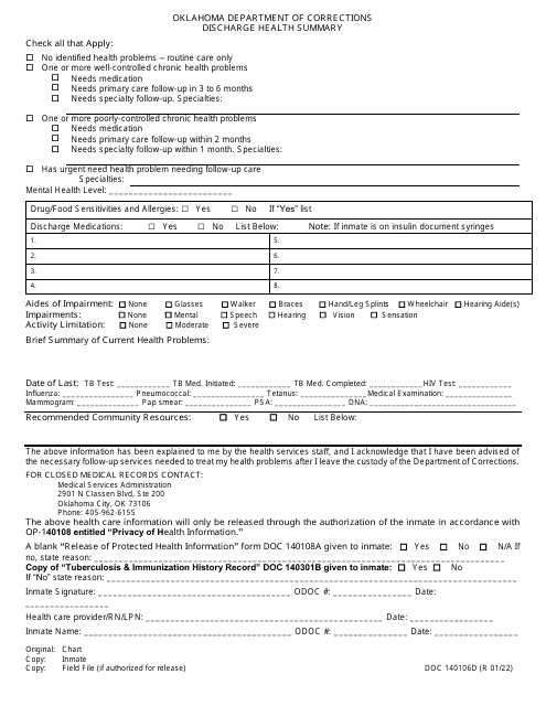 Form OP-140106D Discharge Health Summary - Oklahoma