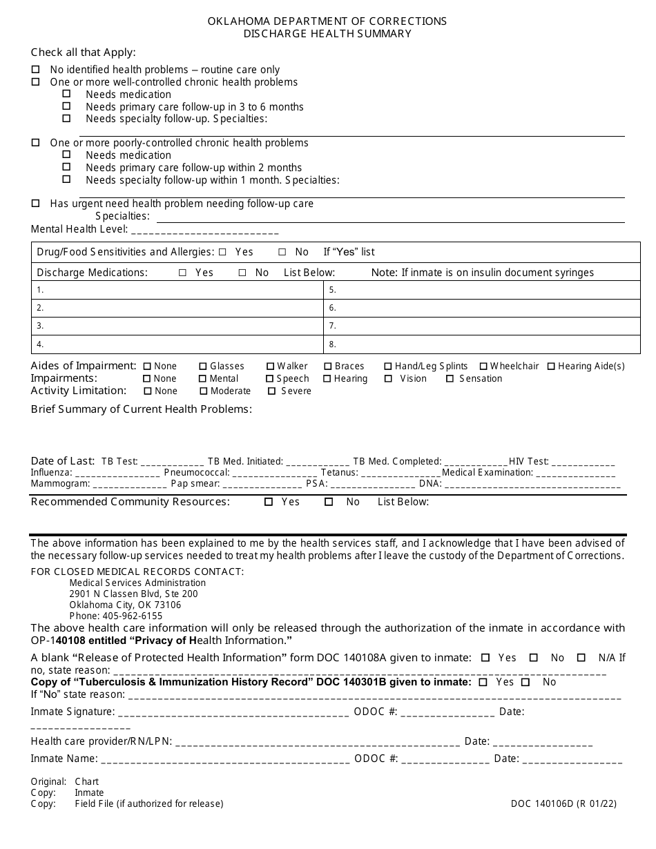 Form OP-140106D Discharge Health Summary - Oklahoma, Page 1