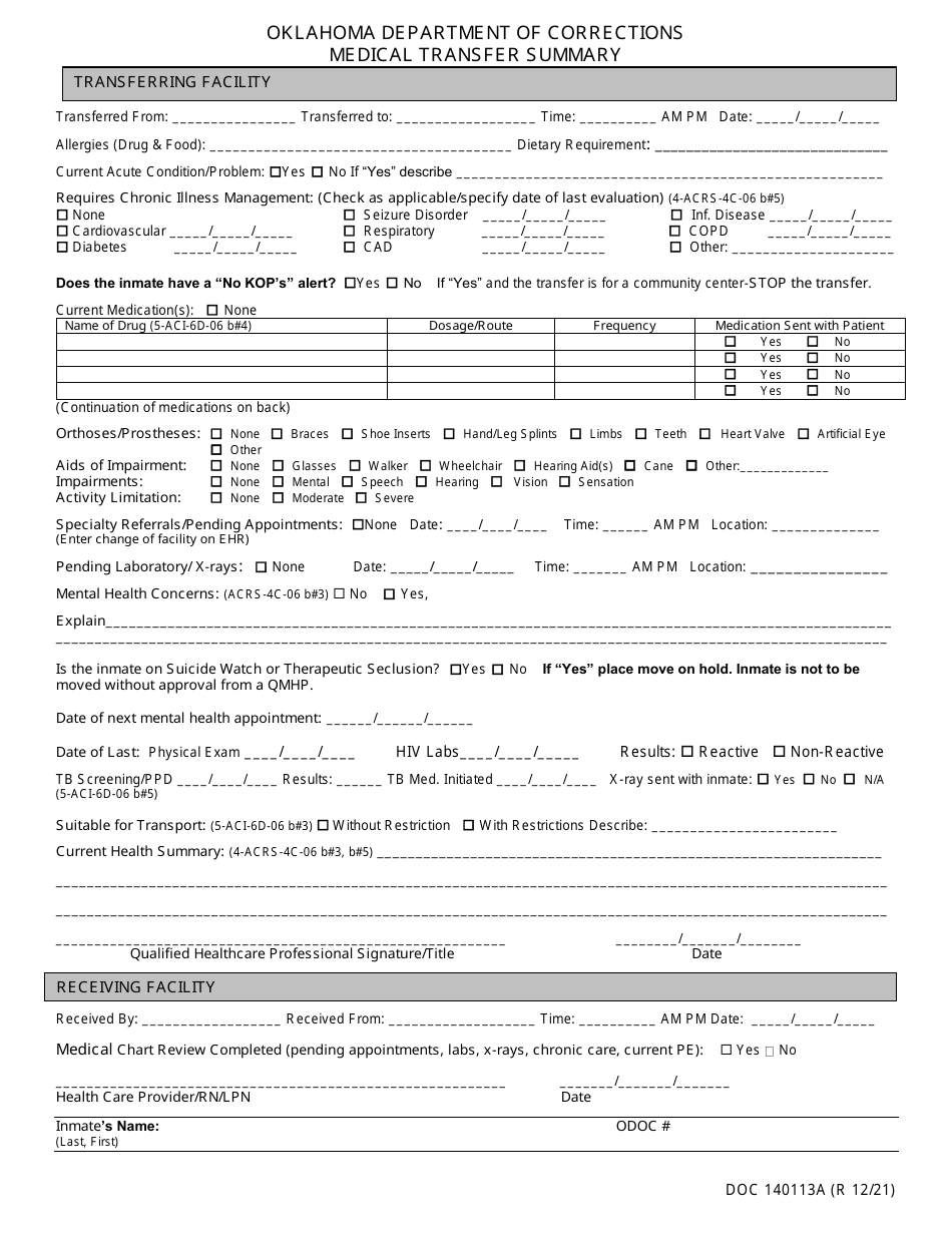 Form OP-140113A Download Printable PDF or Fill Online Medical Transfer ...