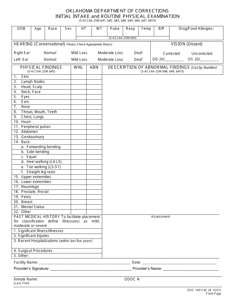 Form OP-140114C Initial Intake and Routine Physical Examination - Oklahoma, Page 1