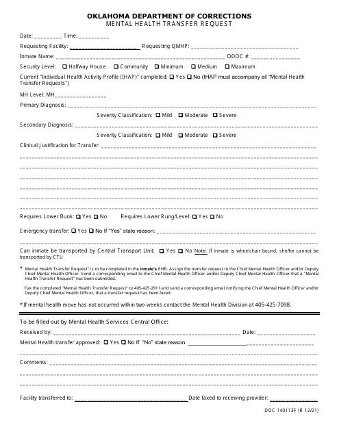 Form OP-140113F Mental Health Transfer Request - Oklahoma