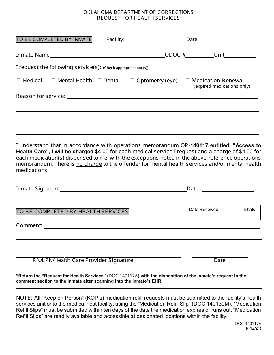 Form OP-140117A Request for Health Services - Oklahoma, Page 1
