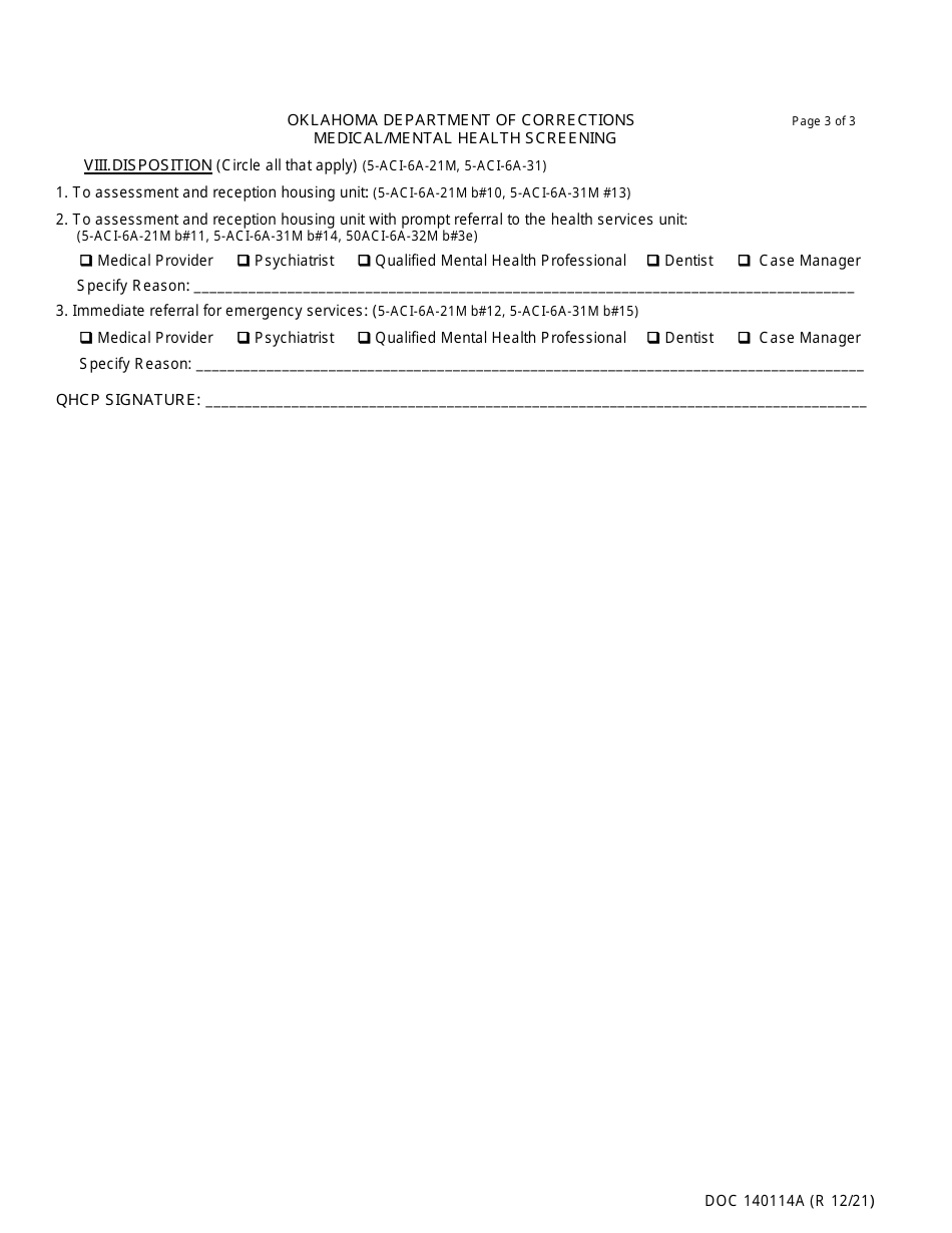 Form OP-140114A Medical / Mental Health Screening - Oklahoma, Page 3