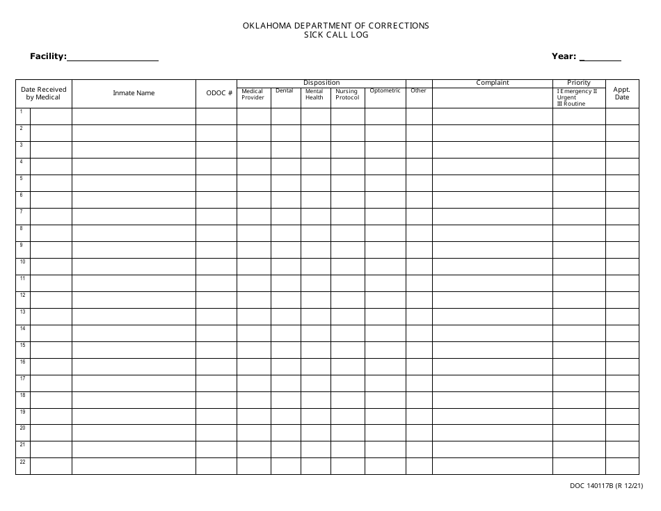 Form OP-140117B Download Printable PDF or Fill Online Sick Call Log ...