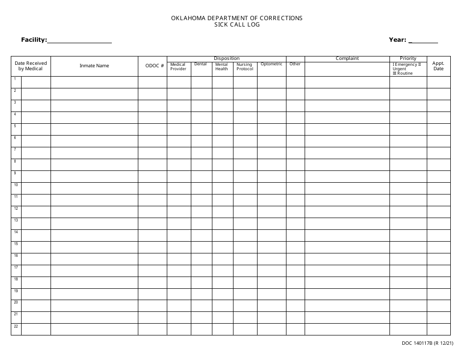 Form OP-140117B Sick Call Log - Oklahoma, Page 1