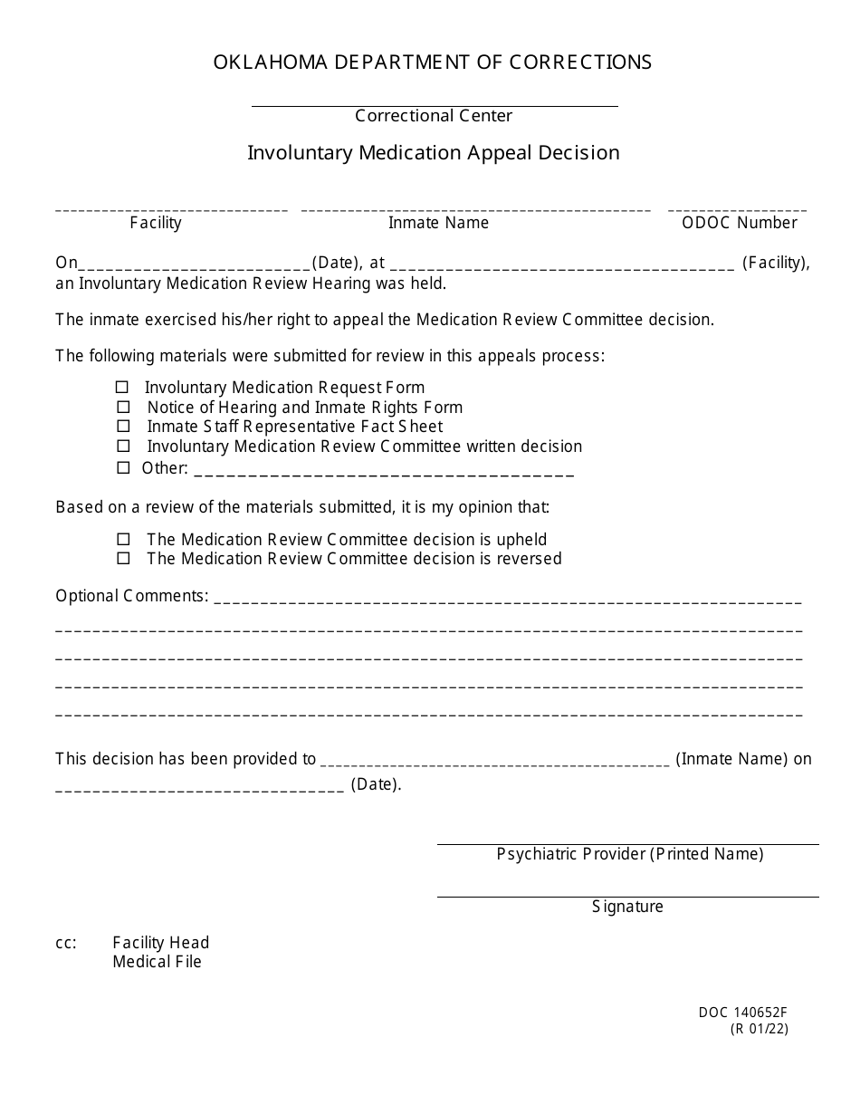 Form OP-140652F Involuntary Medication Appeal Decision - Oklahoma, Page 1