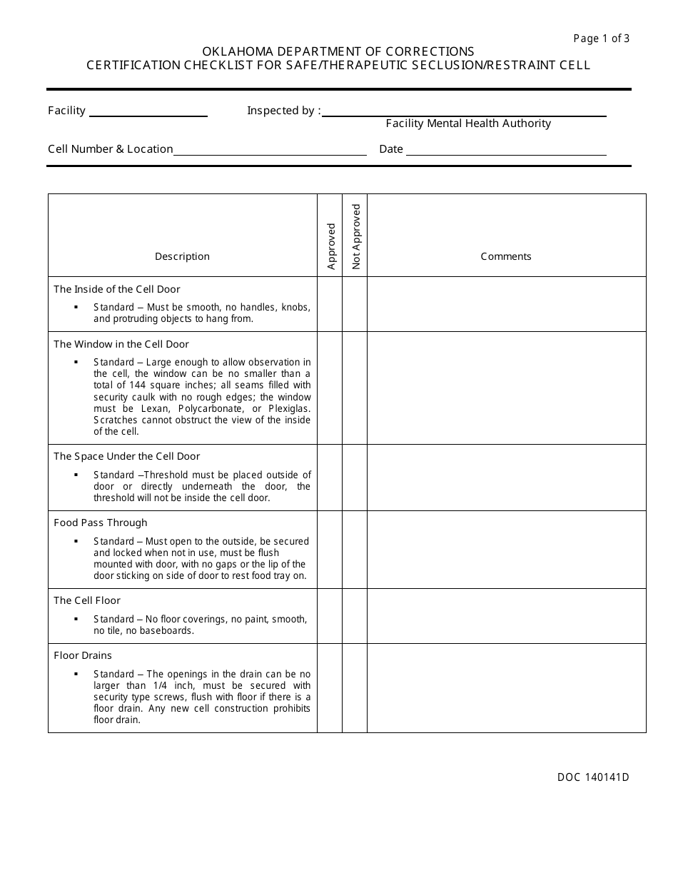 Restraint Checklist.pdf Form OP-140141D Download Printable PDF or Fill Online Certification ...