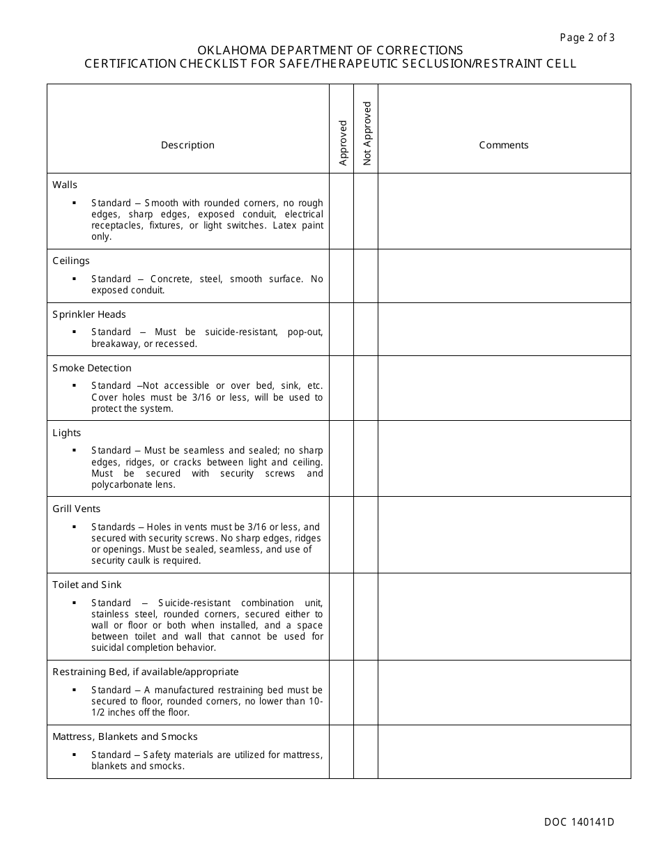 Form OP-140141D Certification Checklist for Safe / Therapeutic Seclusion / Restraint Cell - Oklahoma, Page 2