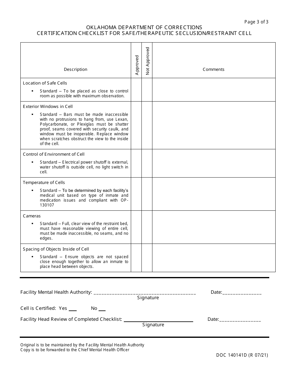 Form OP-140141D Certification Checklist for Safe / Therapeutic Seclusion / Restraint Cell - Oklahoma, Page 3