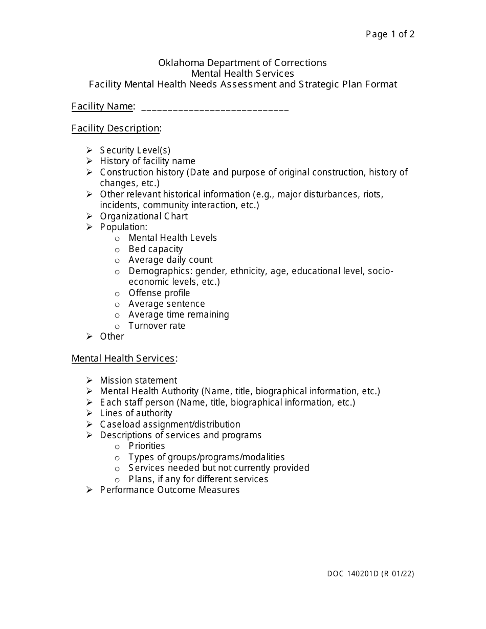 Form OP-140201D Facility Mental Health Needs Assessment and Strategic Plan Format - Oklahoma, Page 1