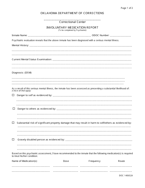 Form OP-140652A Involuntary Medication Report - Oklahoma