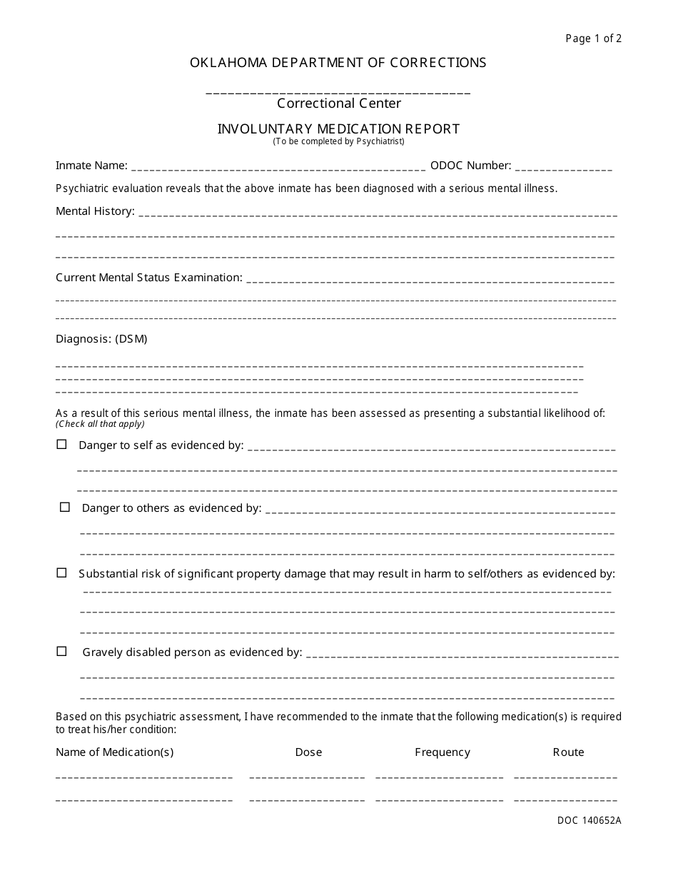 Form OP-140652A Involuntary Medication Report - Oklahoma, Page 1