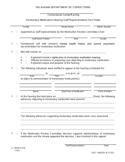Form OP-140652D Involuntary Medication Hearing Staff Representative Fact Sheet - Oklahoma