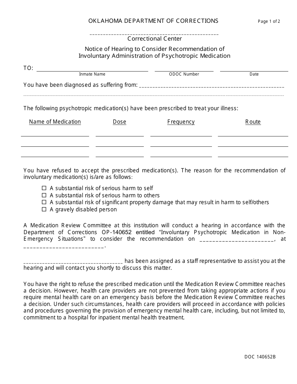 Form OP-140652B Notice of Hearing to Consider Recommendation of Involuntary Administration of Psychotropic Medication - Oklahoma, Page 1