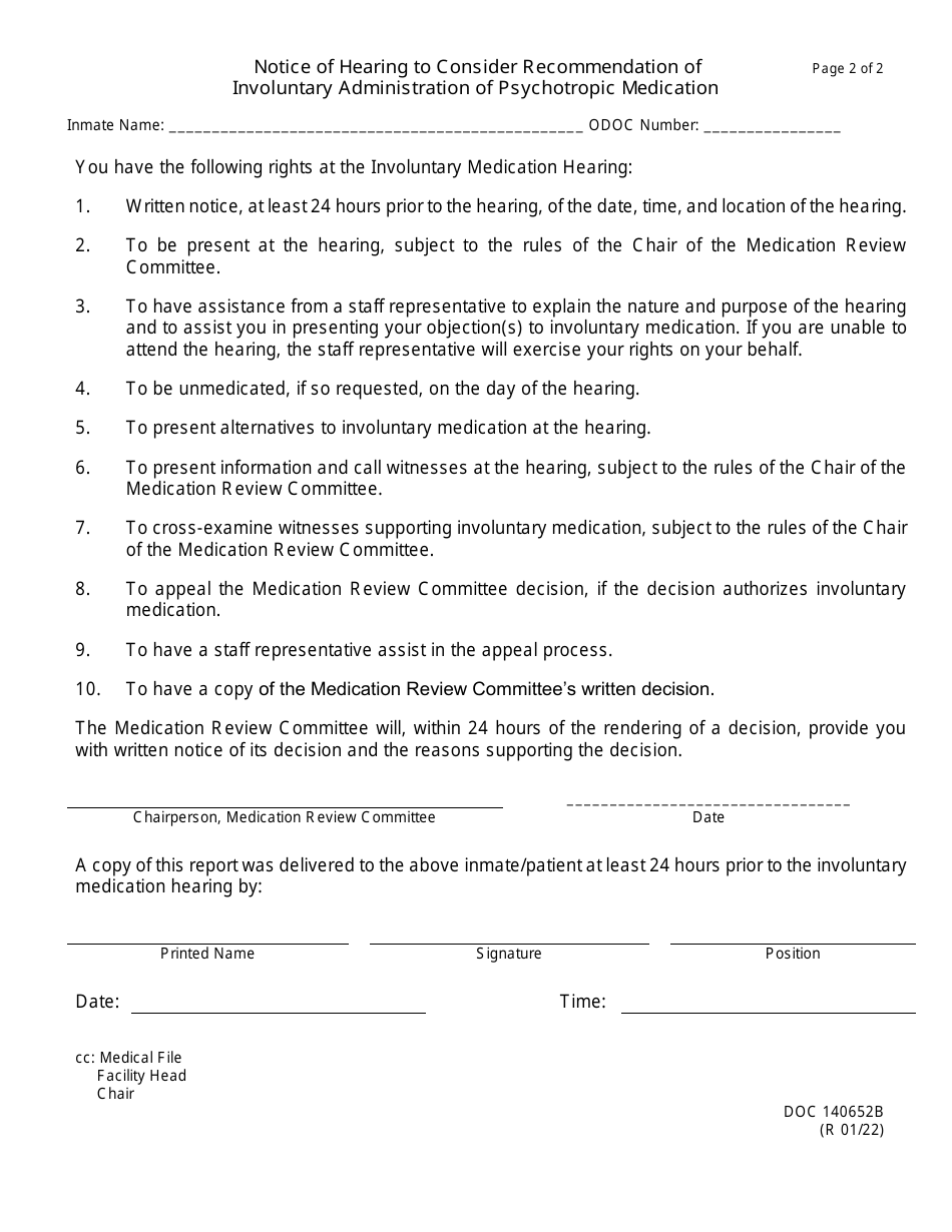Form OP-140652B Notice of Hearing to Consider Recommendation of Involuntary Administration of Psychotropic Medication - Oklahoma, Page 2