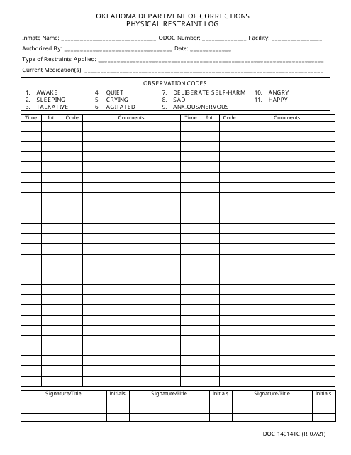Form OP-140141C Physical Restraint Log - Oklahoma
