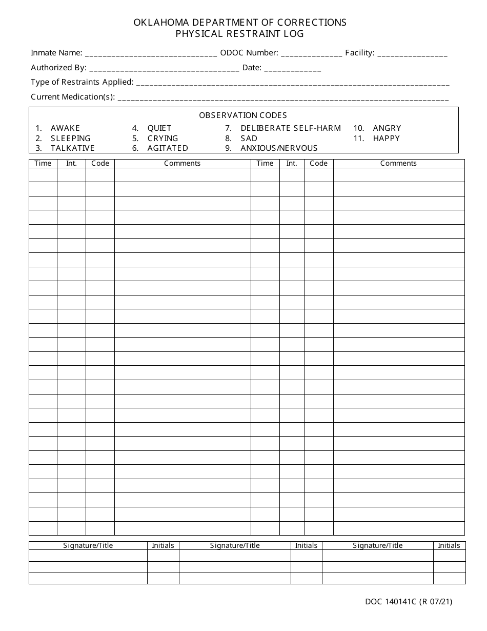 Form OP-140141C Physical Restraint Log - Oklahoma, Page 1