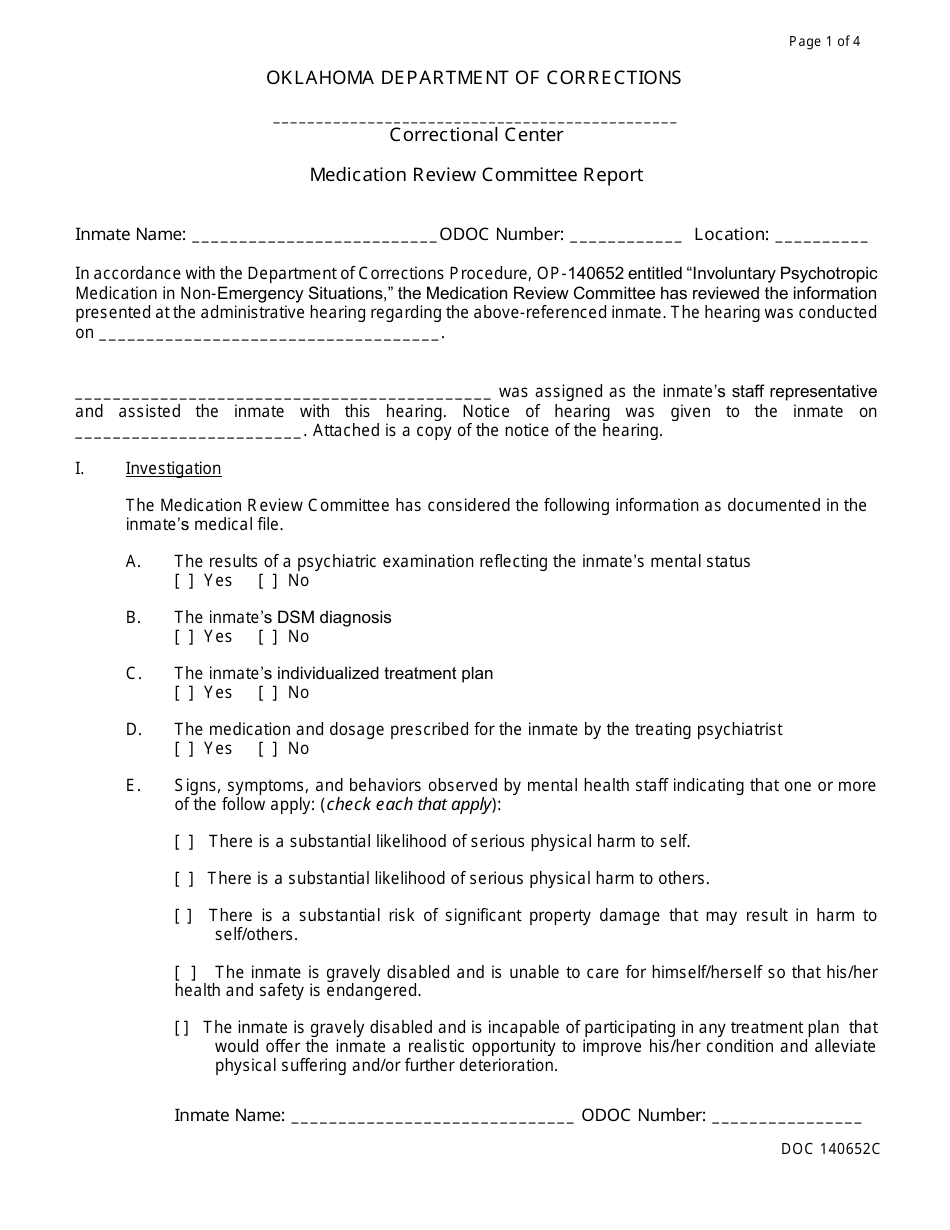 Form OP-140652C Medication Review Committee Report - Oklahoma, Page 1