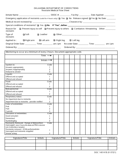 Form OP-140141B Restraint Medical Flow Sheet - Oklahoma