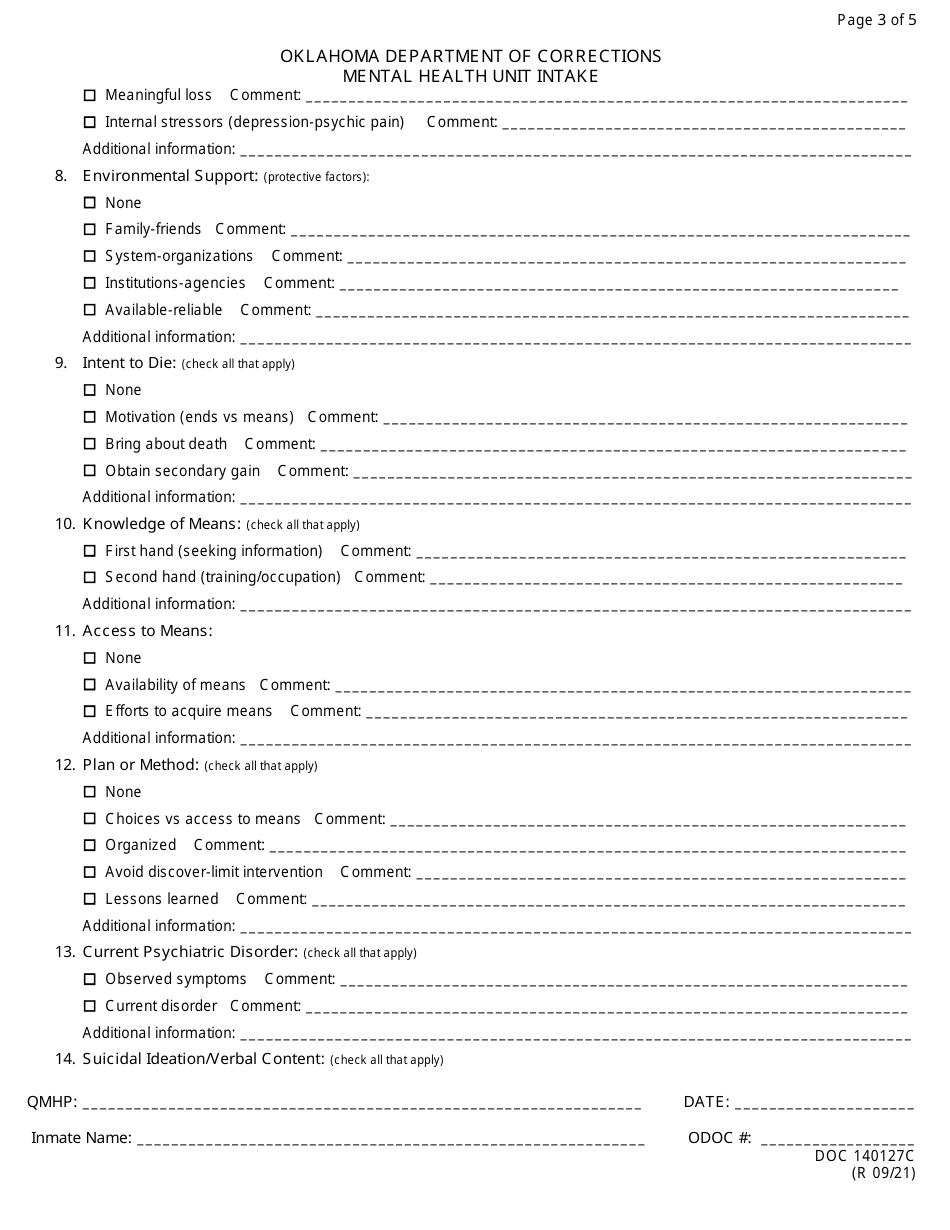 Form OP-140127C Mental Health Unit Intake - Oklahoma, Page 3
