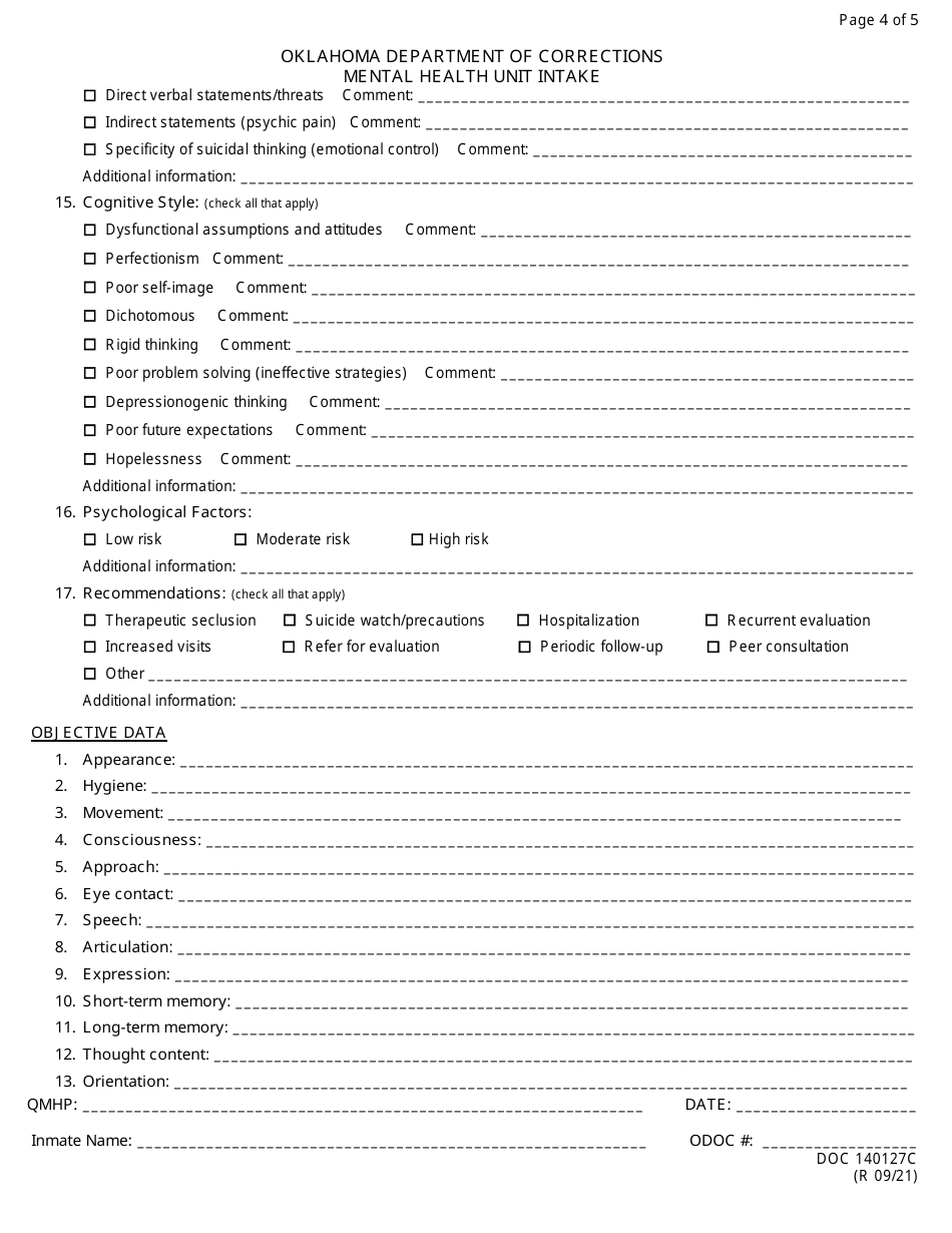 Form OP-140127C Mental Health Unit Intake - Oklahoma, Page 4
