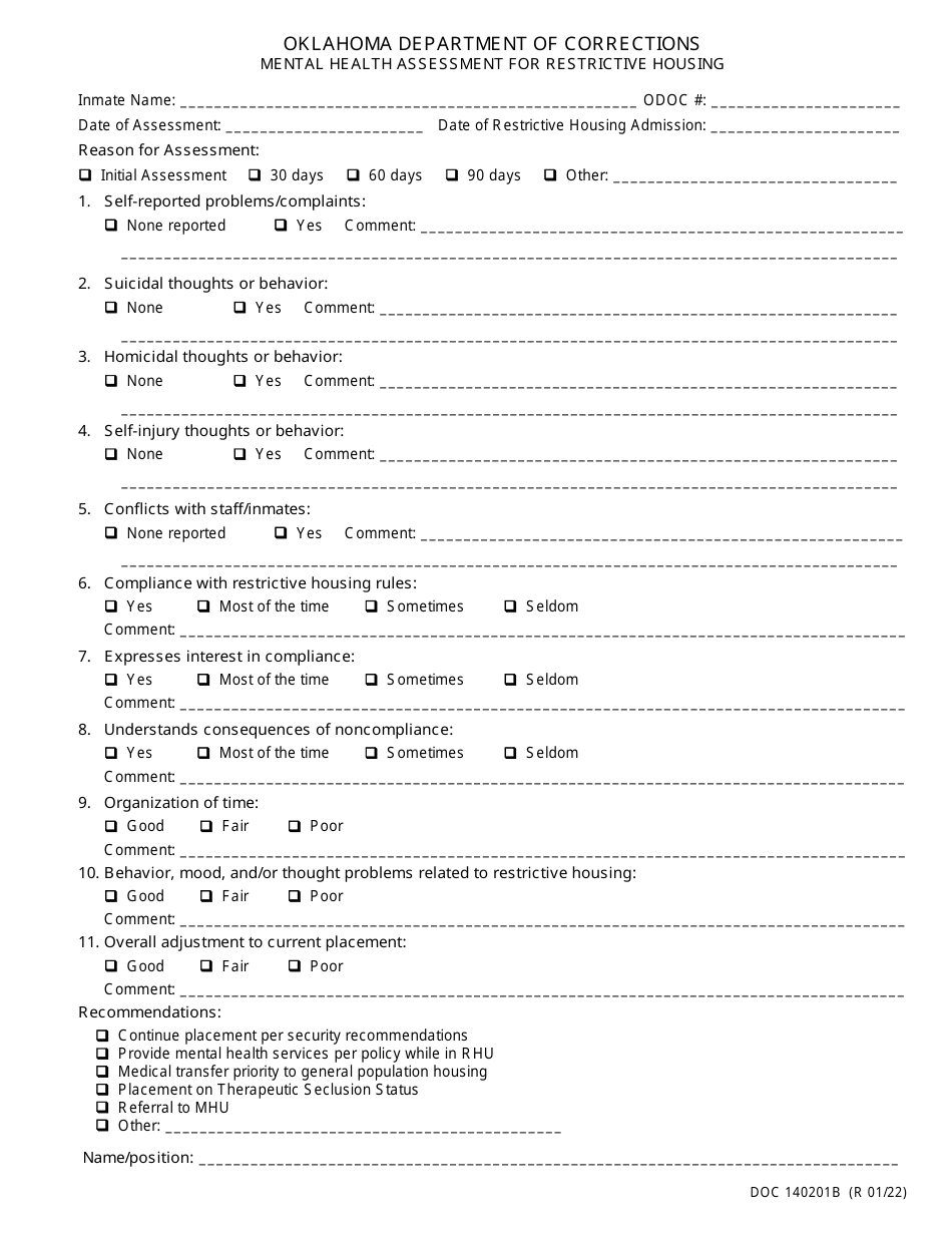 Form OP-140201B Mental Health Assessment for Restrictive Housing - Oklahoma, Page 1