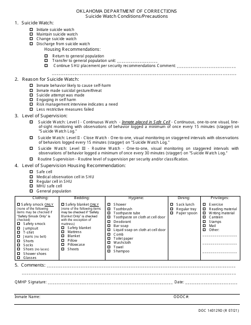 Form OP-140129D Suicide Watch Conditions/Precautions - Oklahoma
