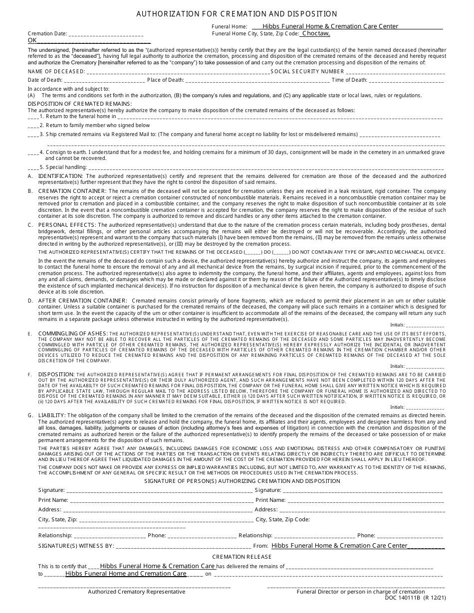Form OP-140111B Authorization for Cremation and Disposition - Oklahoma, Page 1