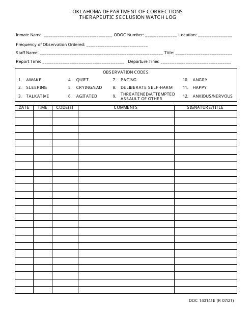 Form OP-140141E Therapeutic Seclusion Watch Log - Oklahoma