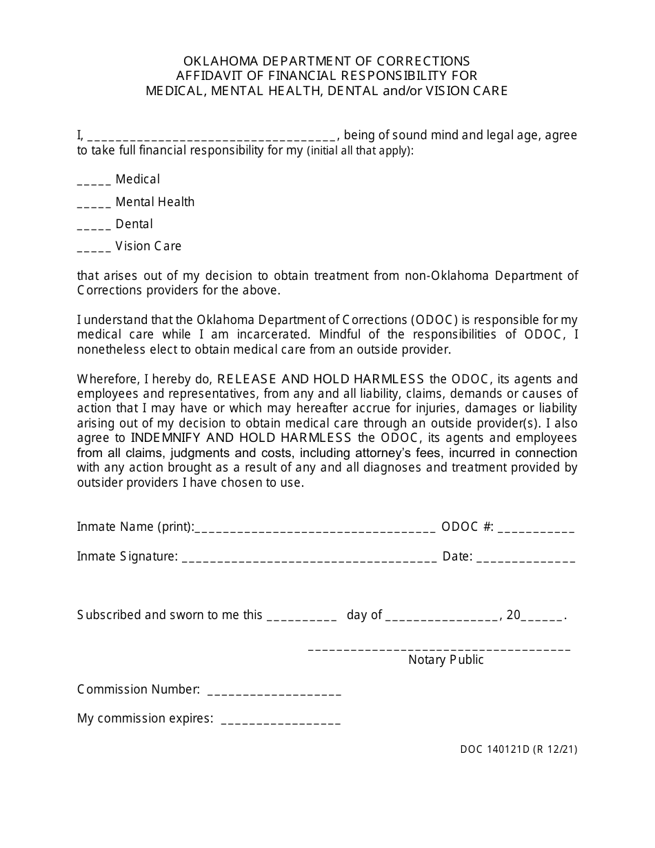 Form OP-140121D Affidavit of Financial Responsibility for Medical, Mental Health, Dental and / or Vision Care - Oklahoma, Page 1
